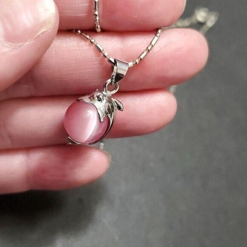 18KGP dolphin necklace 18" pink cat's eye white gold plated